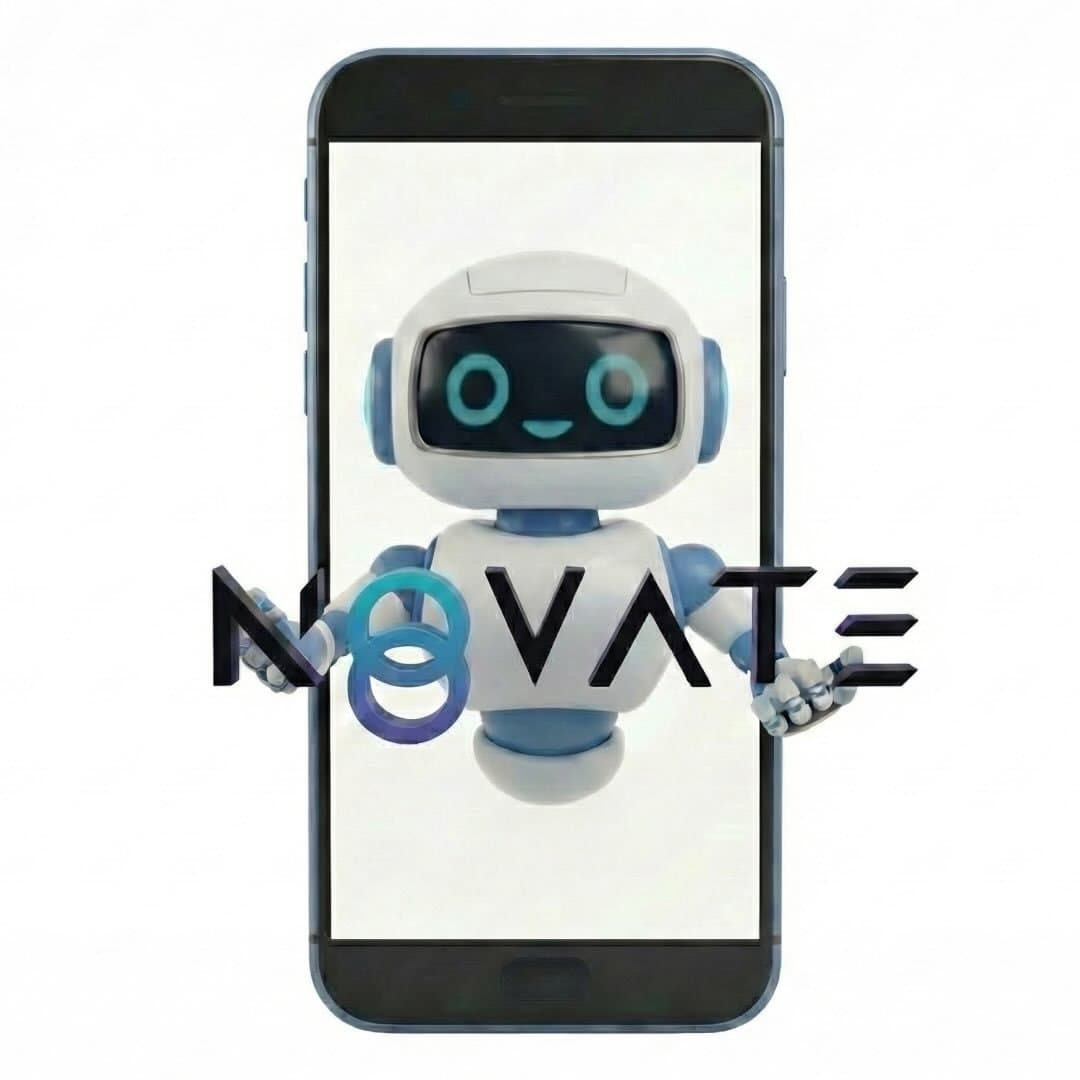 Logo da Novate 8 - um robô branco e azul saindo da tela de um smartphone, segurando a palavra 'NOVATE' em letras pretas, na qual a letra 'O' é um '8' estilizado em azul e roxo